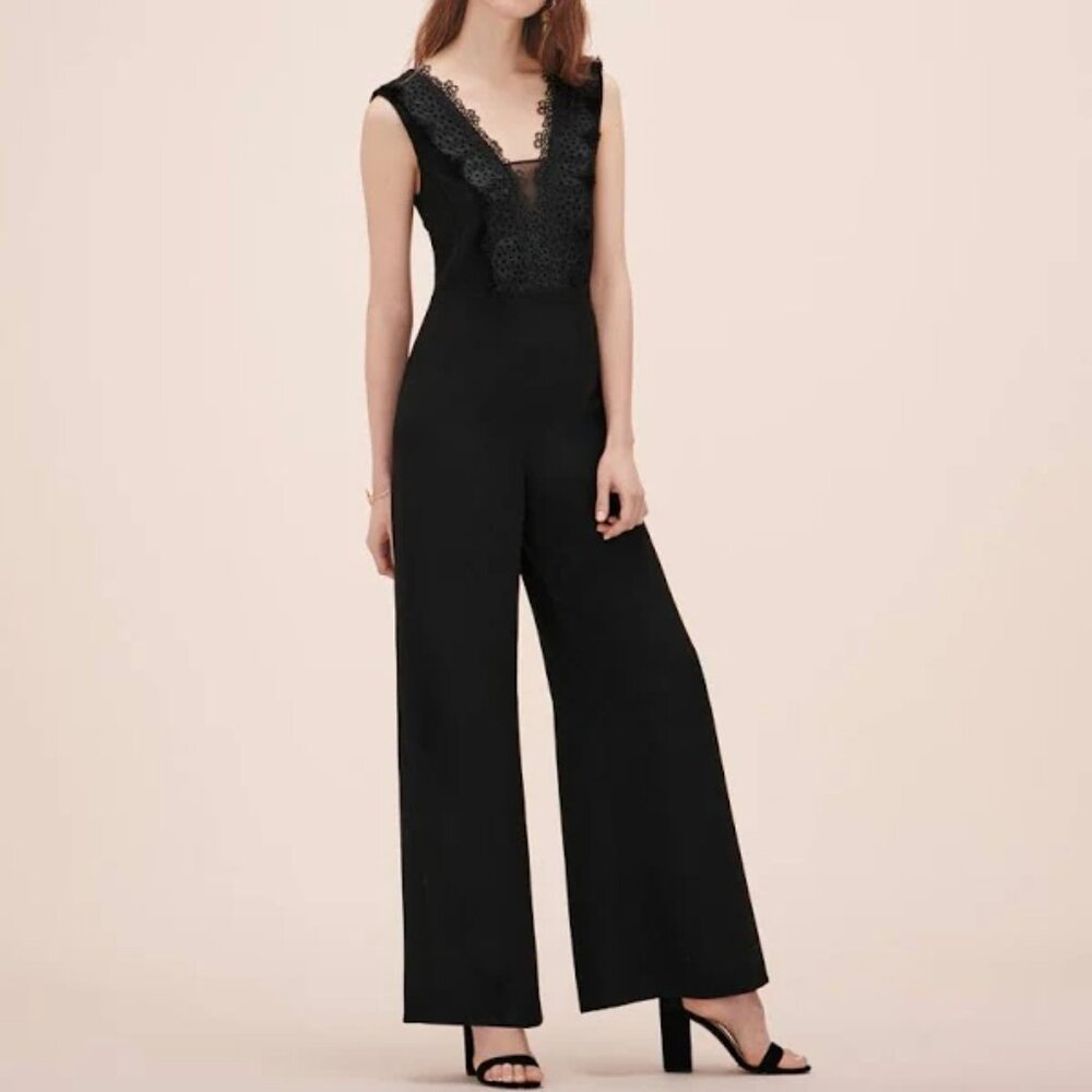 Maje XS/S Lace V-Neck Lace Crepe Wide Leg Jumpsuit